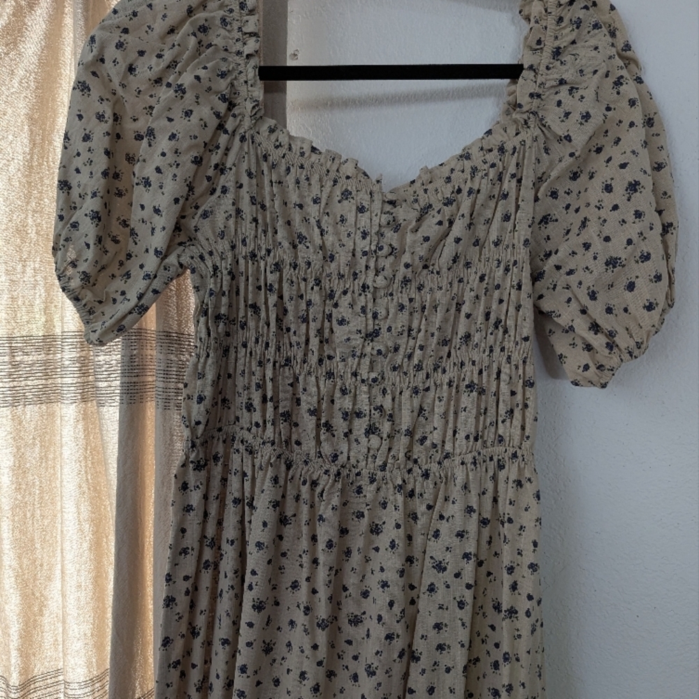 Neuflora Floral Smocked Dress - Beige with Navy Floral